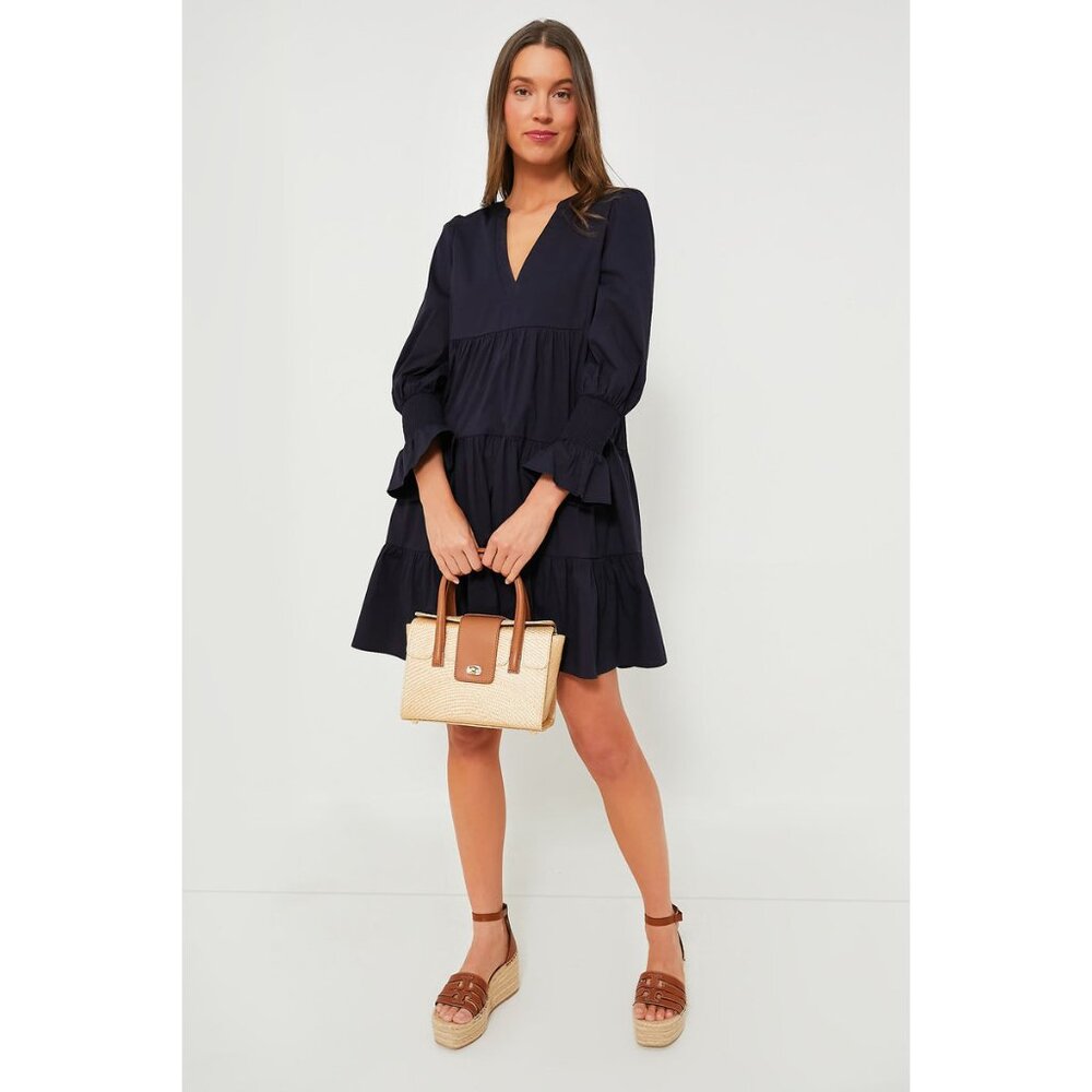 Pomander Place Womens Size XS Navy Blue Cotton Poplin Kenzo Tiered Mini Dress - Picture 10 of 10
